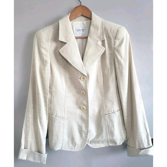 Armani Collezioni Blazer Women's 6 Tan Lined 3 Button Flax Blend Made In Italy - Picture 1 of 11